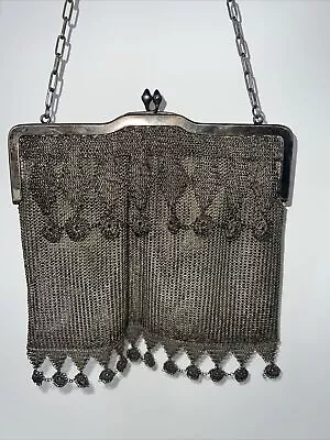 Antique Art Deco Mesh Chainmail Flapper Alpaca Silver Blue Stone Bag Purse • $99