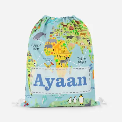 £11.99 • Buy Personalised World Map Travel Kids Drawstring Bag Pe Bag Swimming School Bag