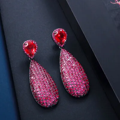 Micro Pave Black Gold Hot Pink Cubic Zircon Big Dangle Drop Women Party Earrings • $13.26