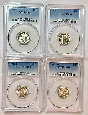 Lot Of 4 PCGS Graded Silver Mercury Dimes 1941S 1943 & Two 1943D • $14