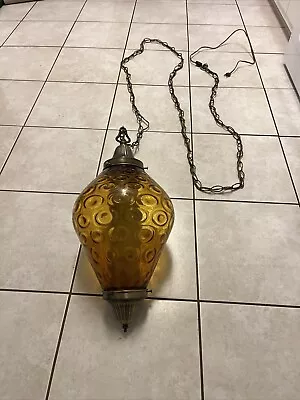Vintage 60s-70s Amber Glass Globe Swag Hanging Light With 10' Chain • $350