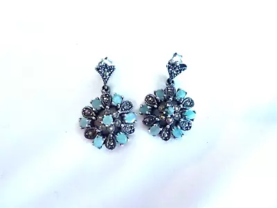 Pretty Vintage Pair Silver Earrings W/green Stones & Marcasite • £9.99