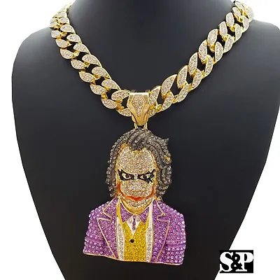 Hip Hop Large JOKER Pendant & 18  Full Iced Miami Cuban Choker Chain Necklace  • $23.99