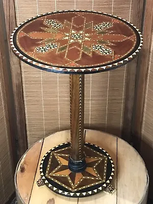 Middle Eastern Mosaic Inlaid Lacquered Octagonal  Vintage Side Table 20”h 13”dia • $189.49