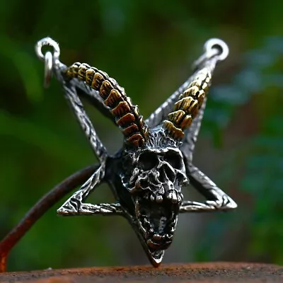 Men's Baphomet Satanic Invert Pentagram Skull Pendant Necklace Stainless Steel • $10.99