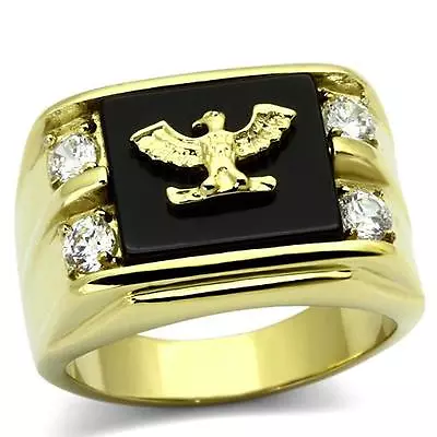 Men's Black Agate American Eagle CZ Signet Stainless Steel 14K Gold Plate Ring • $14.36