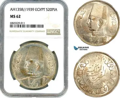 AI758 Egypt Farouk 20 Piastres AH1358 // 1939 Silver NGC MS62 • $489