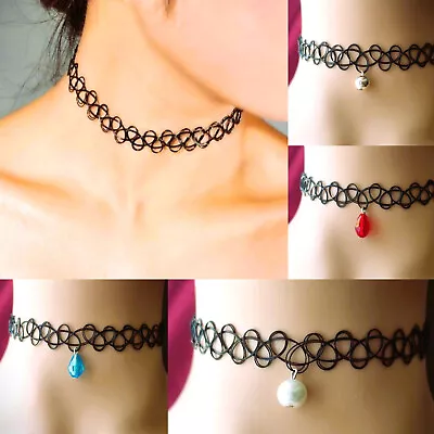 Tattoo Choker Stretch Black Necklace Retro 90s Vintage Elastic Gothic Charm Bead • £2.15