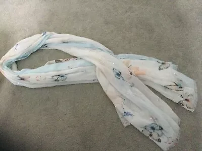 White/Blue/Peach Butterfly Viscose Scarf • £7.99