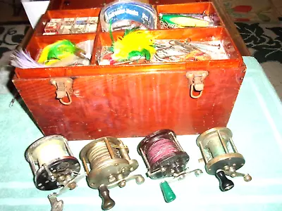 Vintage Custom Wood Tackle Box Full Of Vintage Fishing Tackle - Lures & Reels • $175