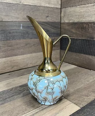 Vintage Delft Light Blue Gold Pottery Pitcher Ewer 8” Brass Hand Painted Holland • $9.60