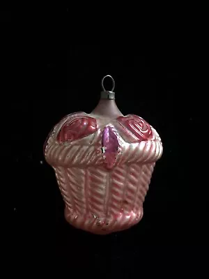 Antique Blown Glass Embossed Large Pink Flower Basket German Christmas Ornament • $45