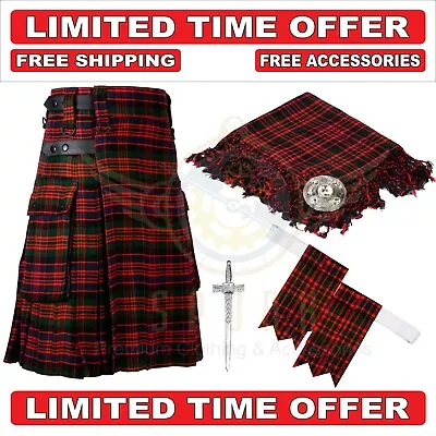 Men's Tartan Utility Scottish Kilts With Fly Plaid - Brooch - Flashes - Kilt Pin • $89.99