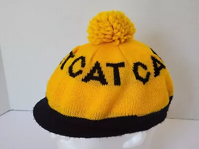 Vintage CAT Caterpillar Black & Yellow Brimmed Knit Winter Hat Beanie Newsboy • $9.99