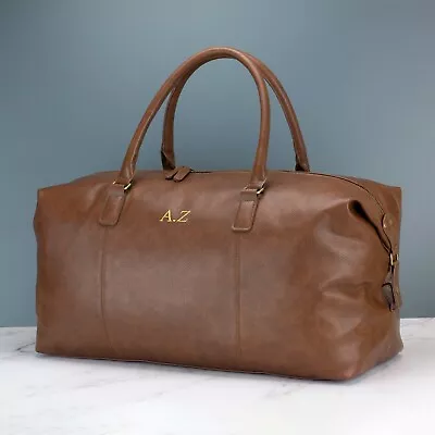 Personalised Mens Leather Holdall Bag Black Or Brown - 30L Weekend Travel Bag • £44.99