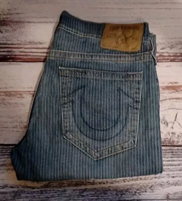 True Religion Geno Sz 36w×33l Straight Usa Made Pinstripe Blue Denim Jeans Euc  • $47.90