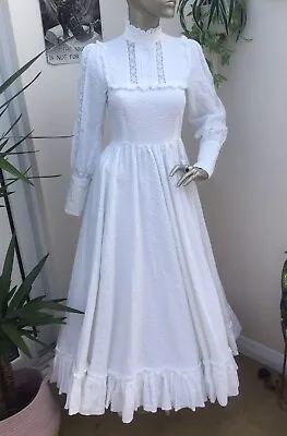 Vintage Laura Ashley White Cotton Edwardian Prairie Wedding Dress Size 12 (8) • £145