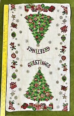 Vtg 25”Linen Kitchen Dish Towel Xmas Tree Print-Ornaments-Greetings-Gold Accents • $10.99