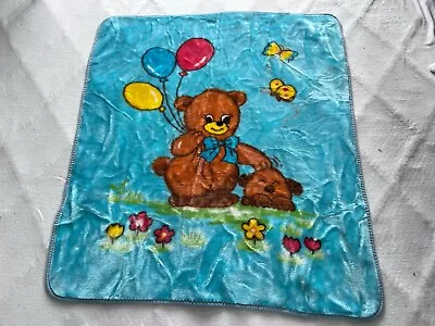 Vintage Baby Blanket Teddy Bear Balloons Puppy Dog Butterfly Mink Plush Blue • $80