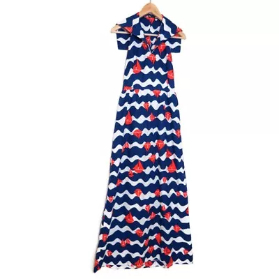 Vintage 70s Malia Hawaii Hawaiian Nautical Boats Blue Red White Maxi Dress M • $160