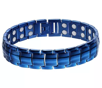 8.5  Inch Mens Titanium Steel Grooved Blue Tone Magnetic Bracelet + Fancy Box • $49.95