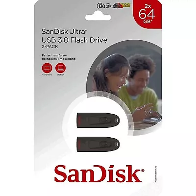 SanDisk 64GB Ultra USB 3.0 Flash Drive (2 Pack) Secure Encryption 130MB/s • $14