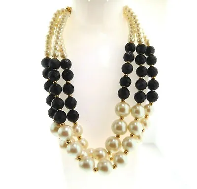 Vintage Pearl Crystal Lucite Bead Necklace 3 Strand 1.5 Wide 18-20 Length • $27.82