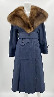 Vintage James Galanos Sable Fur Collar Blue Denim Trench Coat Belted 1970s • $3492.30