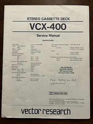 Vector Research VCX-400 Cassette Tape Deck Service Manual OEM Vintage Rare • $39.99