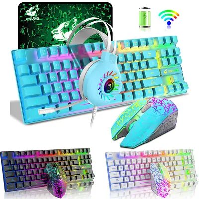 Wireless Gaming Keyboard Mouse Mice Pad And 3.5mm Headset Combo Rainbow Backlit • $67.62