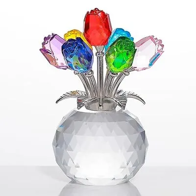 Colorful Rose Flower Crystal Figurine With Vase Bouquet Colorful-crystal Rose • $51.41