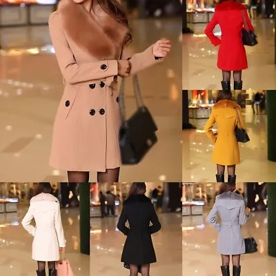 Fashionable Slim Fit Wool Coat With Fur Collar For Women Winter Trench • £25.67