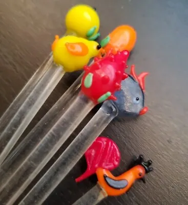 6 Assorted Vintage Art Glass Cocktail Stirer Swizzle Sticks Barware Fruit Animal • $18