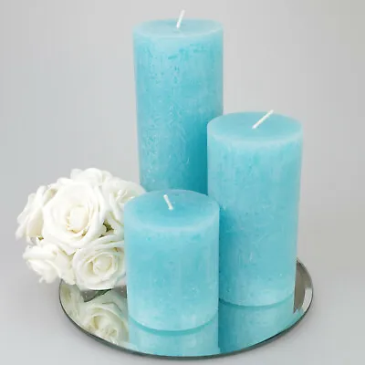 Set Of 3 Rustic Pillar Candles Solid Colour -  3 Colours  Mirror Plate Optional • £18.95