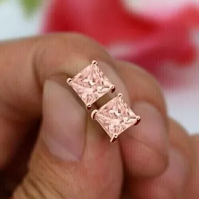 1.30Ct Princess Cut Created Morganite 14k Rose Gold Plated Women's Stud Earrings • $31.19
