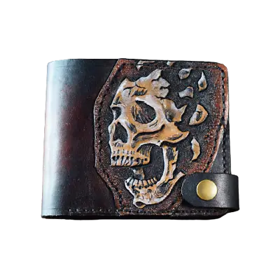 SKULL Biker Bifold Wallet Biker Custom Wallet Biker Gift 3D Genuine Leather  • $108.33