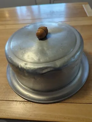 Vintage Aluminum Cake Cover Topper Set With Wooden Acorn Knob Cake Plate.  Deep. • $15