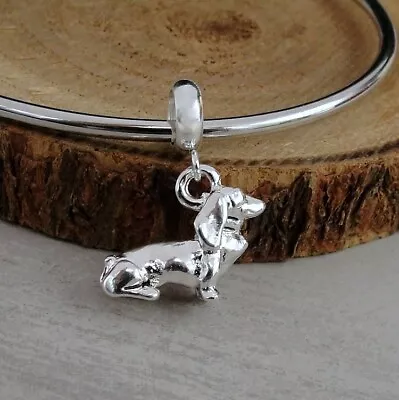 Silver Dachshund Dangle Charm - Wiener Dog Charm Fits European Bracelets • $10.95