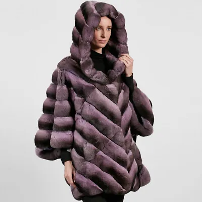 Purple Women Chinchilla Print Coat Real Rex Rabbit Fur Jacket Hooded Overcoat • $530.85