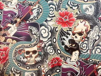 Zen Japanese Tattoo Skulls Snake Alexander Henry 100% Cotton Fabric For Masks • £9.99