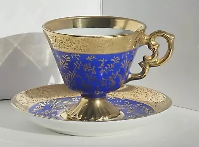 Vintage 1920's China Demitasse Cup And Saucer Set Fern Leaves Gold Trim On Blue • $32