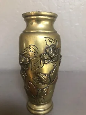 Antique Japanese Meiji Bronze Mixed Metal Vase Birds & Flowers • $45