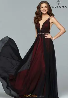 $378 FAVIANA S10040 PROM Formal Pageant Mesh Vneck Beaded Dress Black/Red Sz 0 2 • $149.99