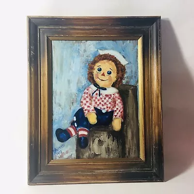 Vintage Raggedy Andy Framed Oil Painting Mitchell 1972 Rustic Frame  • $52