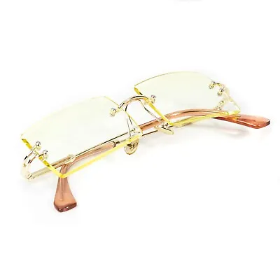 Canary Yellow Tint Men’s Retro Rectangle Buffs Gold Hip Hop Rimless Sunglasses  • $10.99