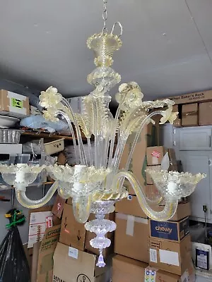 VenetianMurano Hand Blown Glass 6 Arms Chandelier Clear+ Gold Accent 1970s Perf • $1435