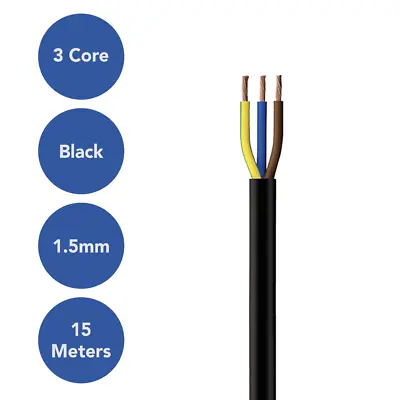 3183Y 13 AMP Electrical Cable Black Round Mains Wire Flex 1.5mm 3 Core 15 Mtrs • £24.99