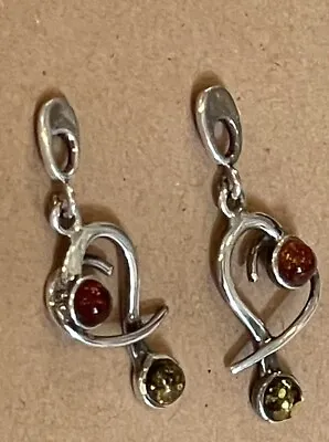 Natural Multi-Color Heart AMBER Earrings 925 STERLING SILVER Dangle Drop Vintage • $19.99