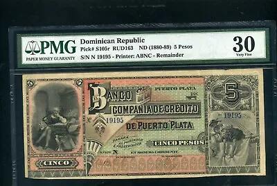 Dominican Compania De Credito De Puerto Plata 5 Pesos 188-89 S105r - VF+ • $255