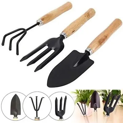 3pc Wood Wooden Gardening Garden Hand Tool Set Cultivator Fork Trowel Shovel Kit • £5.49